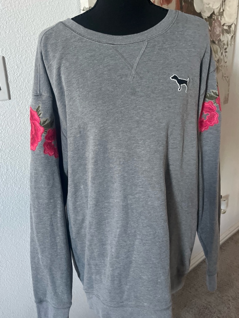 PINK Victoria's Secret Gray Sweatshirt with Pink Floral Sleeve Embroidery